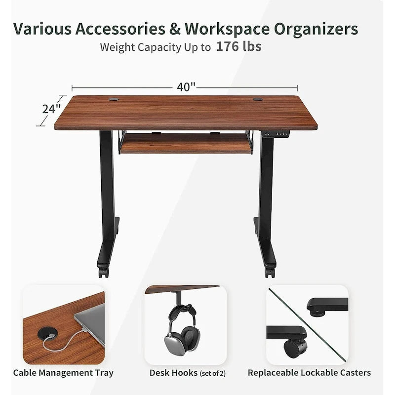 Electric Height Adjustable Standing Desk with Keyboard Tray and Hooks White