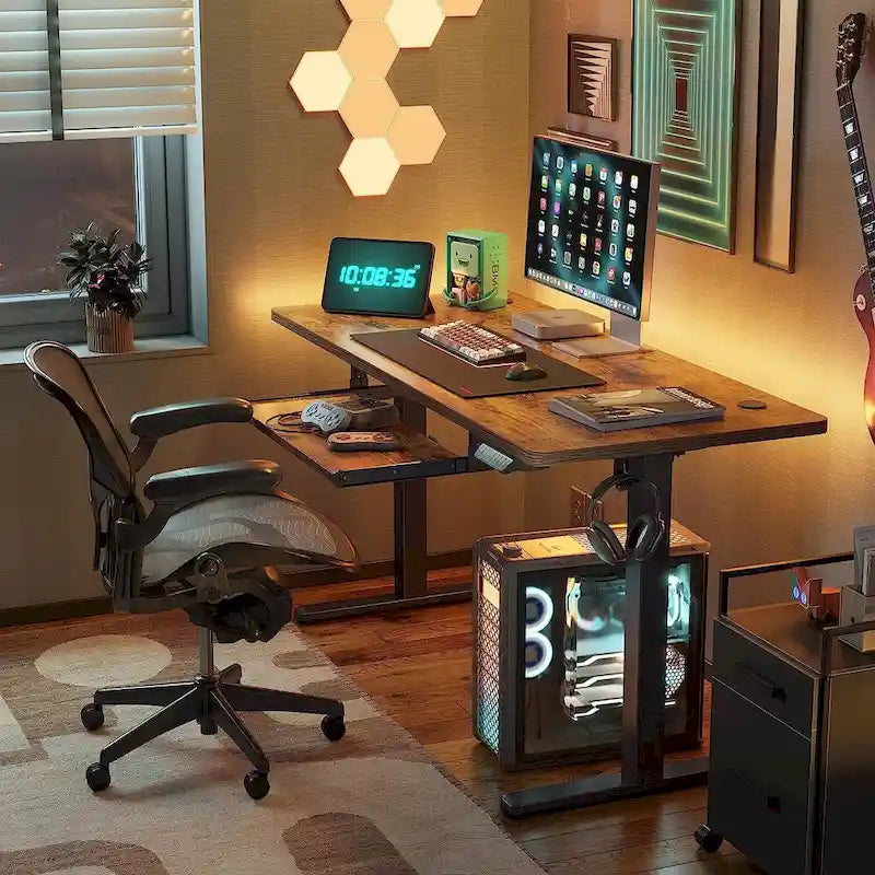 Electric Height Adjustable Standing Desk with Keyboard Tray and Hooks White
