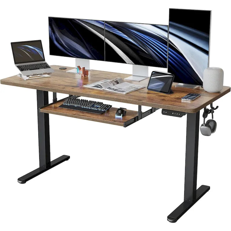 Electric Height Adjustable Standing Desk with Keyboard Tray and Hooks White