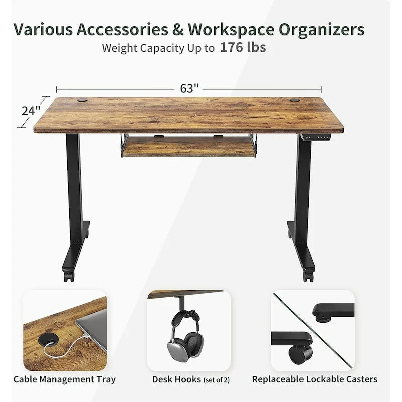 Electric Height Adjustable Standing Desk with Keyboard Tray and Hooks White