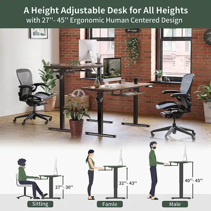Electric Height Adjustable Standing Desk with Keyboard Tray and Hooks White