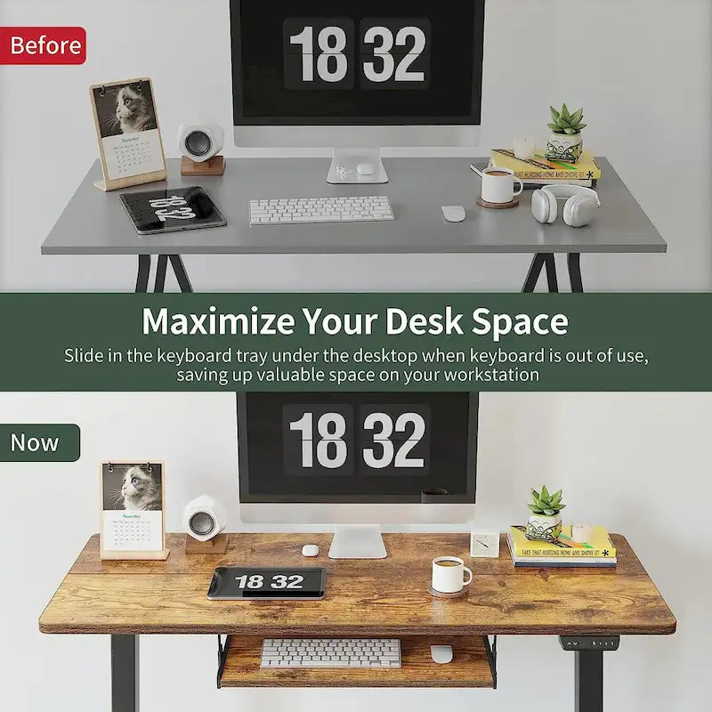 Electric Height Adjustable Standing Desk with Keyboard Tray and Hooks White