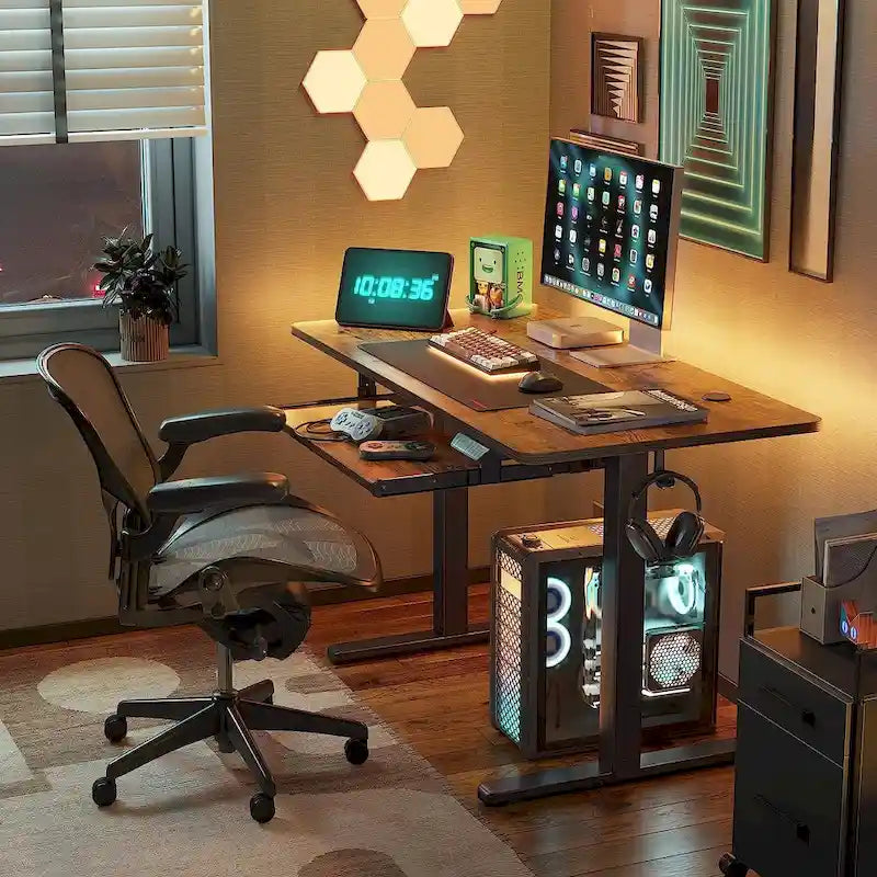 Electric Height Adjustable Standing Desk with Keyboard Tray and Hooks White