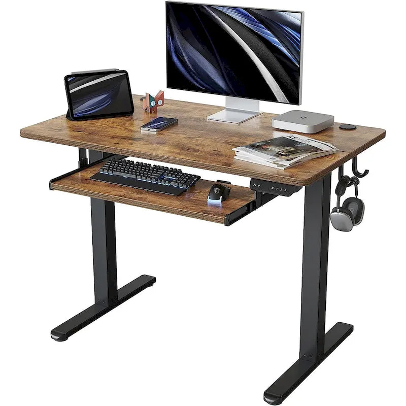 Electric Height Adjustable Standing Desk with Keyboard Tray and Hooks White