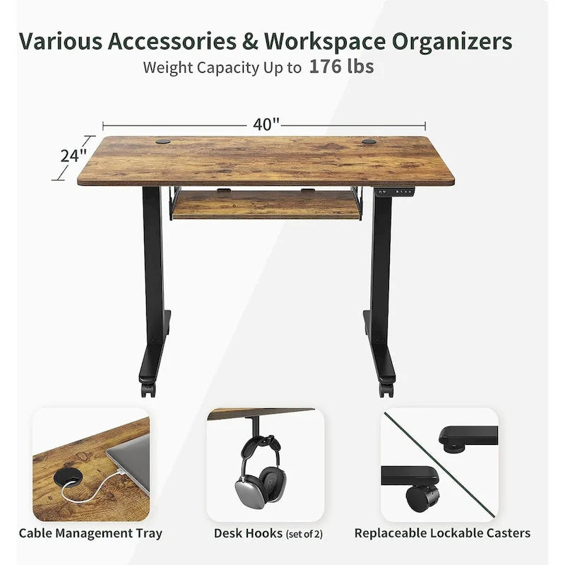 Electric Height Adjustable Standing Desk with Keyboard Tray and Hooks White