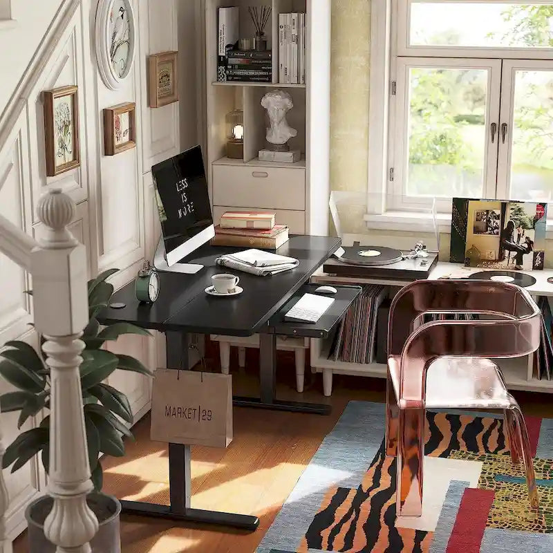 Electric Height Adjustable Standing Desk with Keyboard Tray and Hooks White