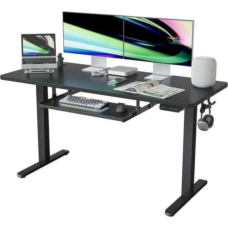 Electric Height Adjustable Standing Desk with Keyboard Tray and Hooks White