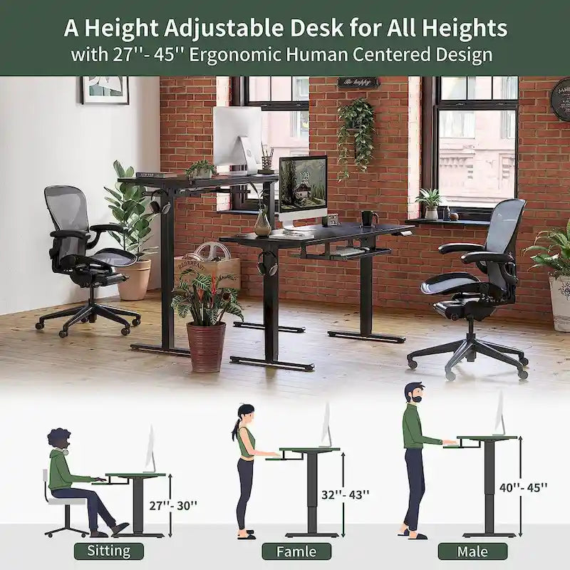 Electric Height Adjustable Standing Desk with Keyboard Tray and Hooks White