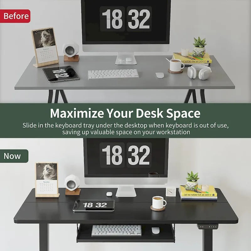 Electric Height Adjustable Standing Desk with Keyboard Tray and Hooks White