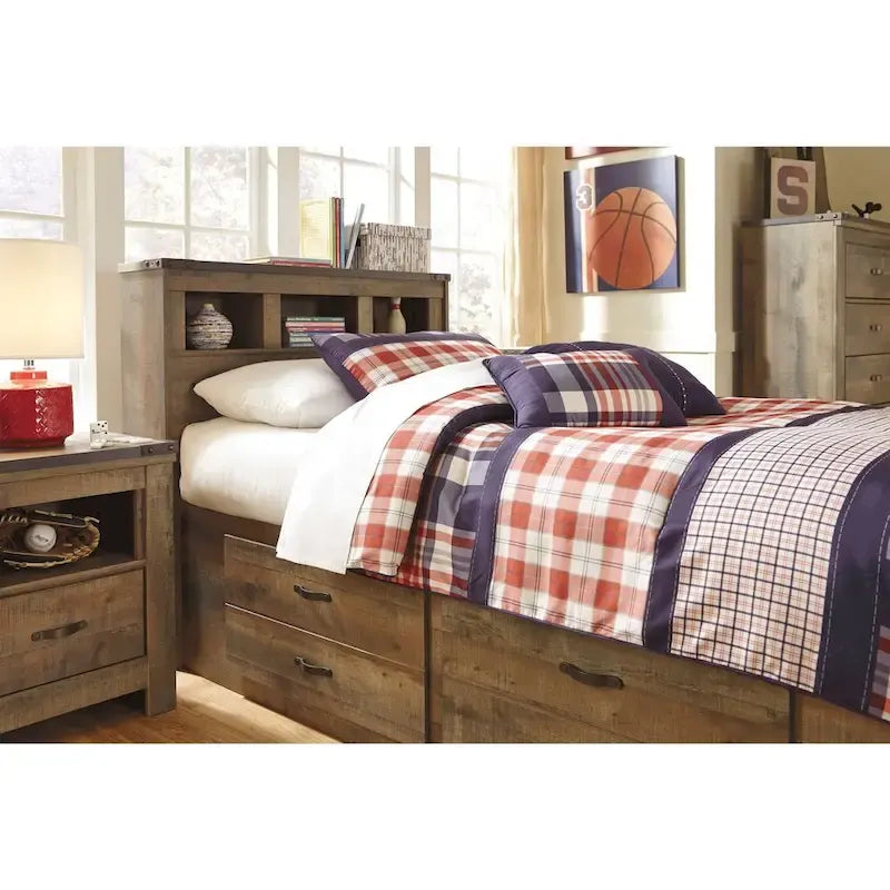 Rustic Brown Wood Bookcase Headboard with Open Storage Shelves