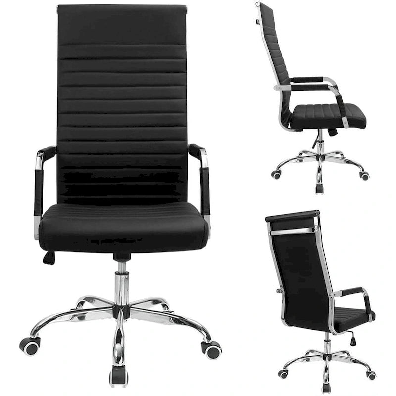 High Back Ribbed PU Leather Office Chair with Adjustable Height, Black & White