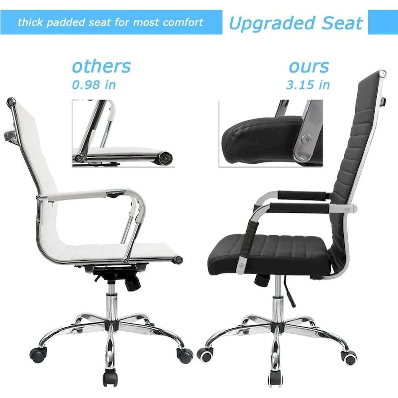 High Back Ribbed PU Leather Office Chair with Adjustable Height, Black & White