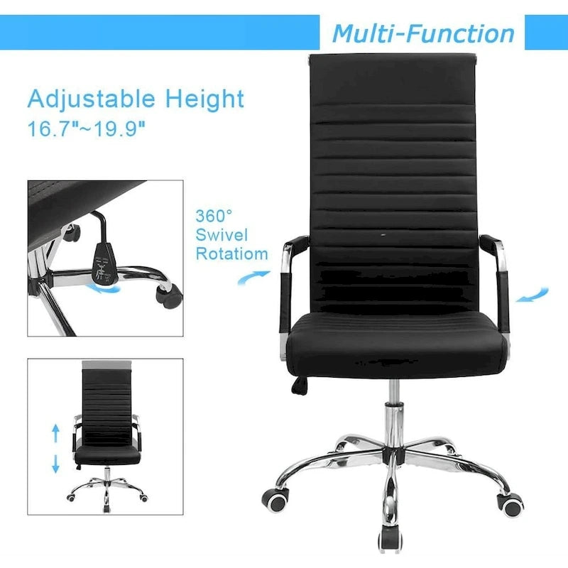 High Back Ribbed PU Leather Office Chair with Adjustable Height, Black & White