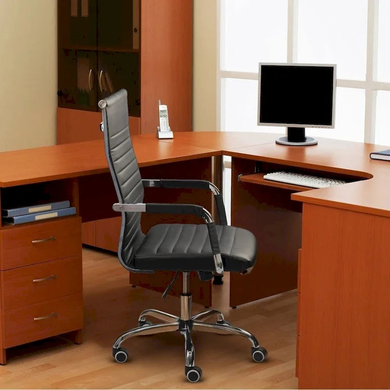 High Back Ribbed PU Leather Office Chair with Adjustable Height, Black & White