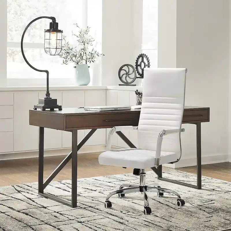 High Back Ribbed PU Leather Office Chair with Adjustable Height, Black & White