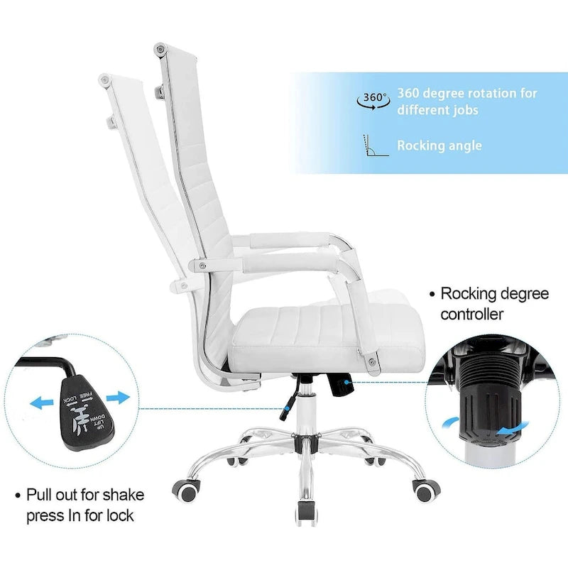 High Back Ribbed PU Leather Office Chair with Adjustable Height, Black & White