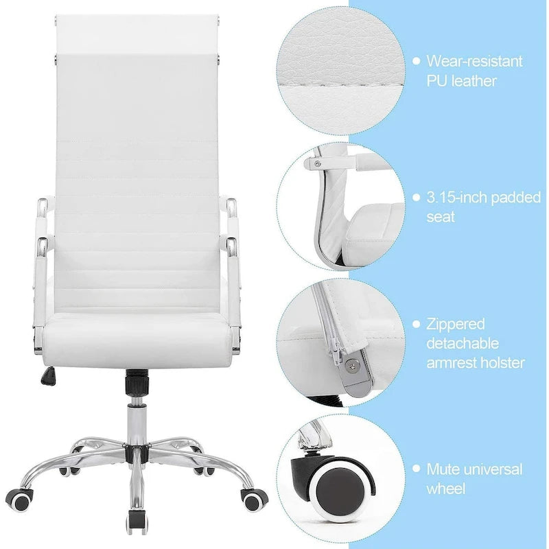 High Back Ribbed PU Leather Office Chair with Adjustable Height, Black & White