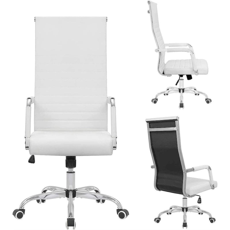 High Back Ribbed PU Leather Office Chair with Adjustable Height, Black & White