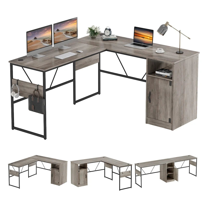 L-Shaped Corner Desk with Storage Cabinet and Metal Frame