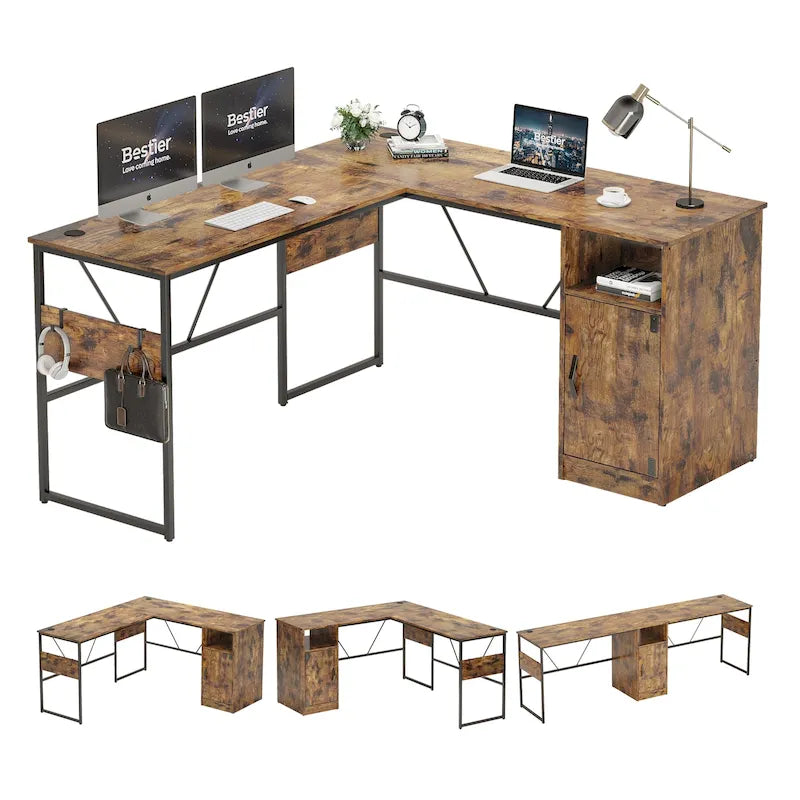 L-Shaped Corner Desk with Storage Cabinet and Metal Frame