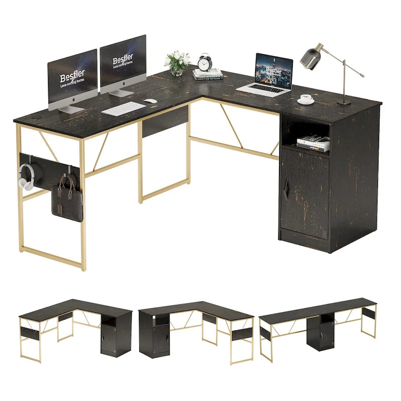 L-Shaped Corner Desk with Storage Cabinet and Metal Frame