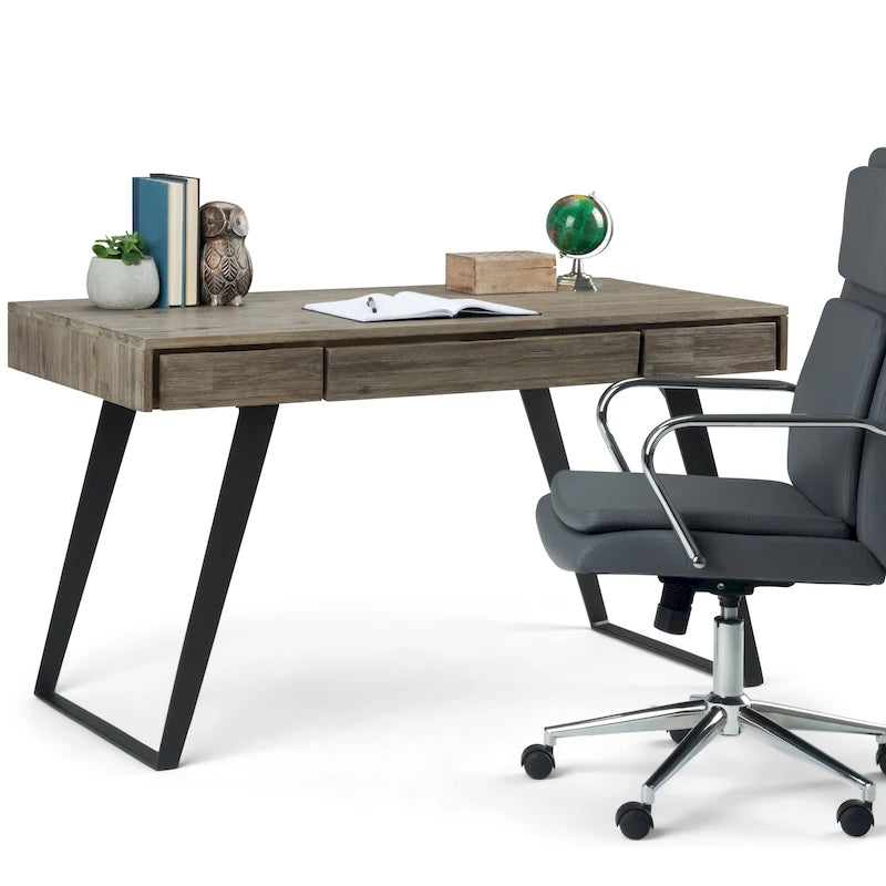 Modern Industrial Solid Wood Writing Desk with Drawers and Keyboard Tray