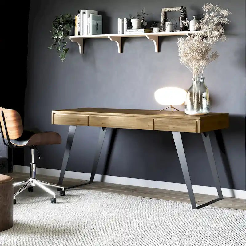 Modern Industrial Solid Wood Writing Desk with Drawers and Keyboard Tray