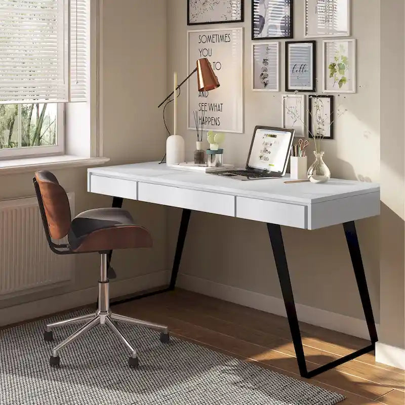 Modern Industrial Solid Wood Writing Desk with Drawers and Keyboard Tray