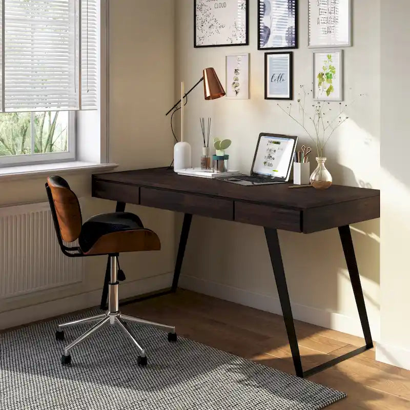 Modern Industrial Solid Wood Writing Desk with Drawers and Keyboard Tray
