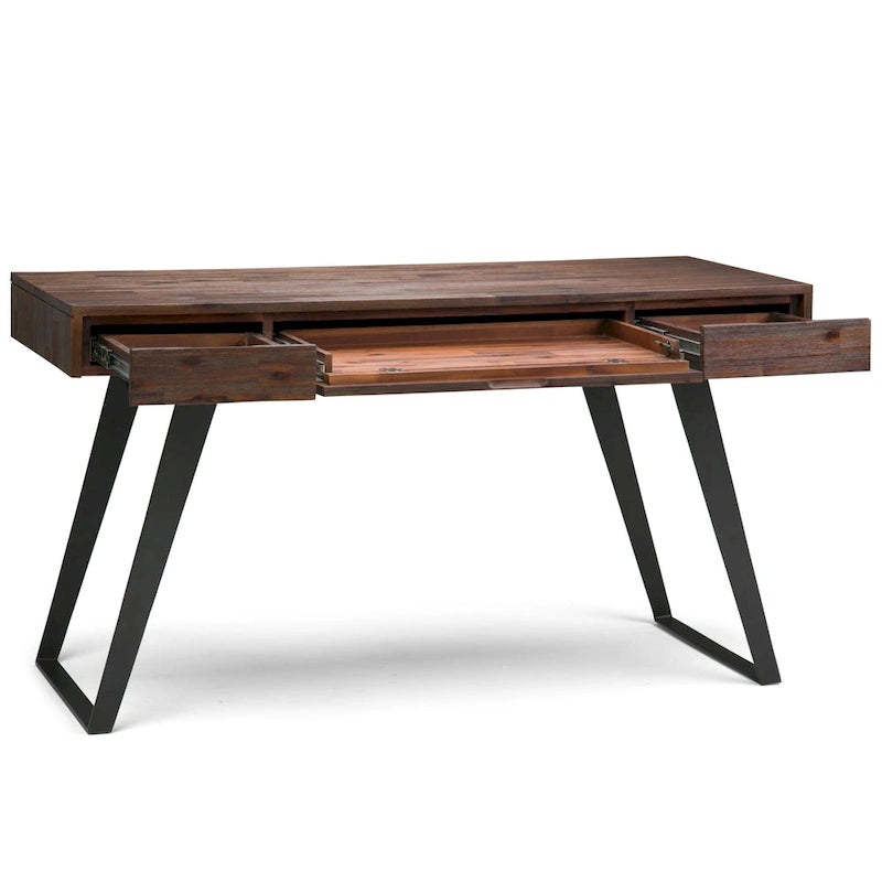 Modern Industrial Solid Wood Writing Desk with Drawers and Keyboard Tray
