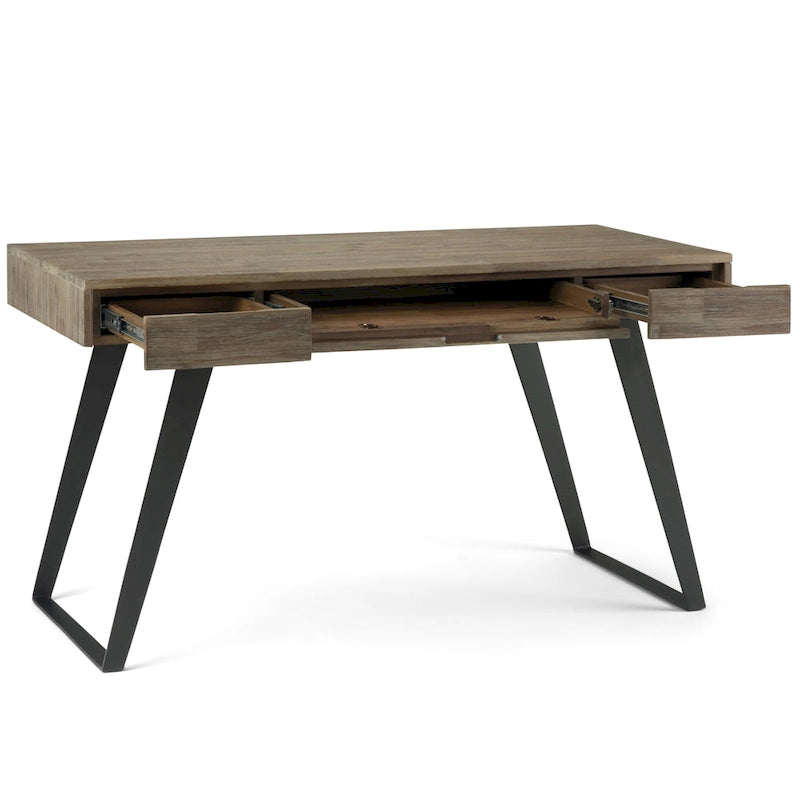 Modern Industrial Solid Wood Writing Desk with Drawers and Keyboard Tray