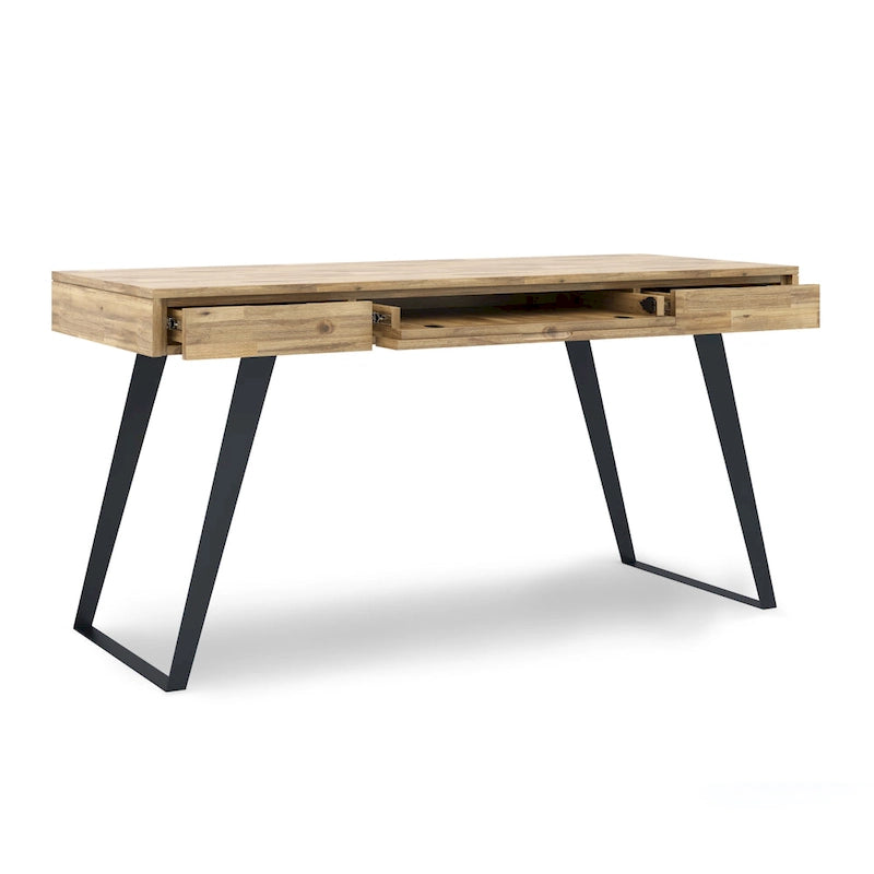 Modern Industrial Solid Wood Writing Desk with Drawers and Keyboard Tray