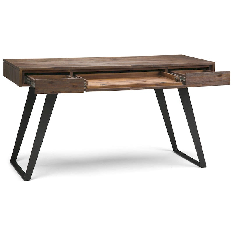 Modern Industrial Solid Wood Writing Desk with Drawers and Keyboard Tray