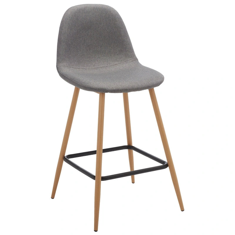 Mid-Century Modern Upholstered Counter Stool with Wood Finish Metal Legs Dark Grey