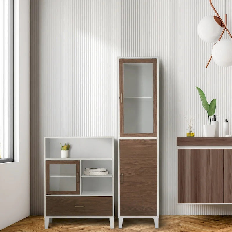Modern Mid-Century Floor Storage Cabinet with Glass Door, White Walnut Brown