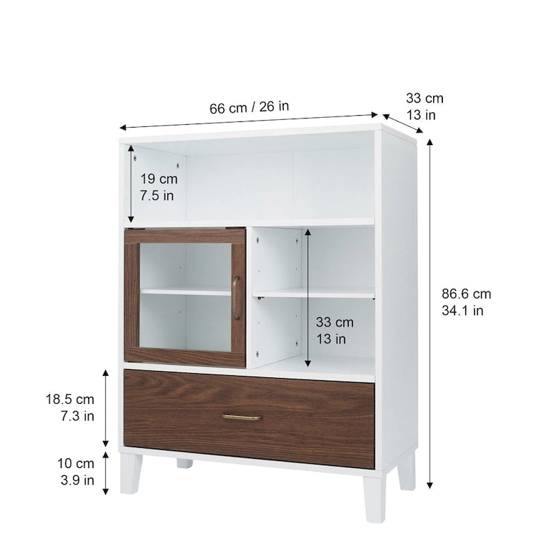 Modern Mid-Century Floor Storage Cabinet with Glass Door, White Walnut Brown