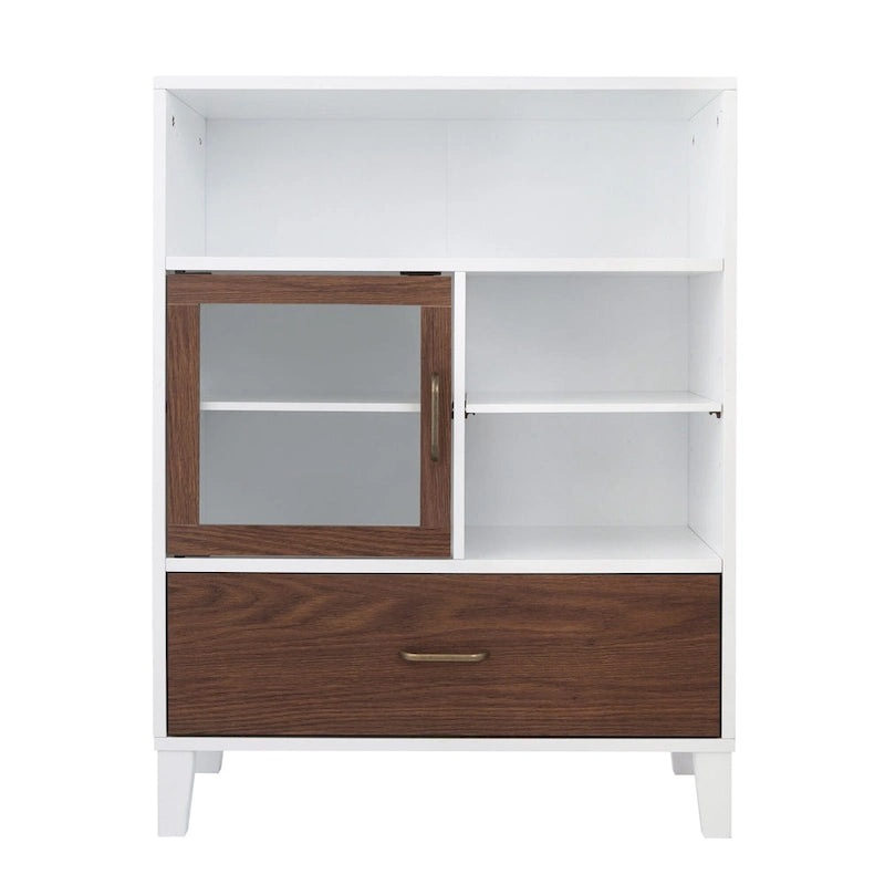 Modern Mid-Century Floor Storage Cabinet with Glass Door, White Walnut Brown
