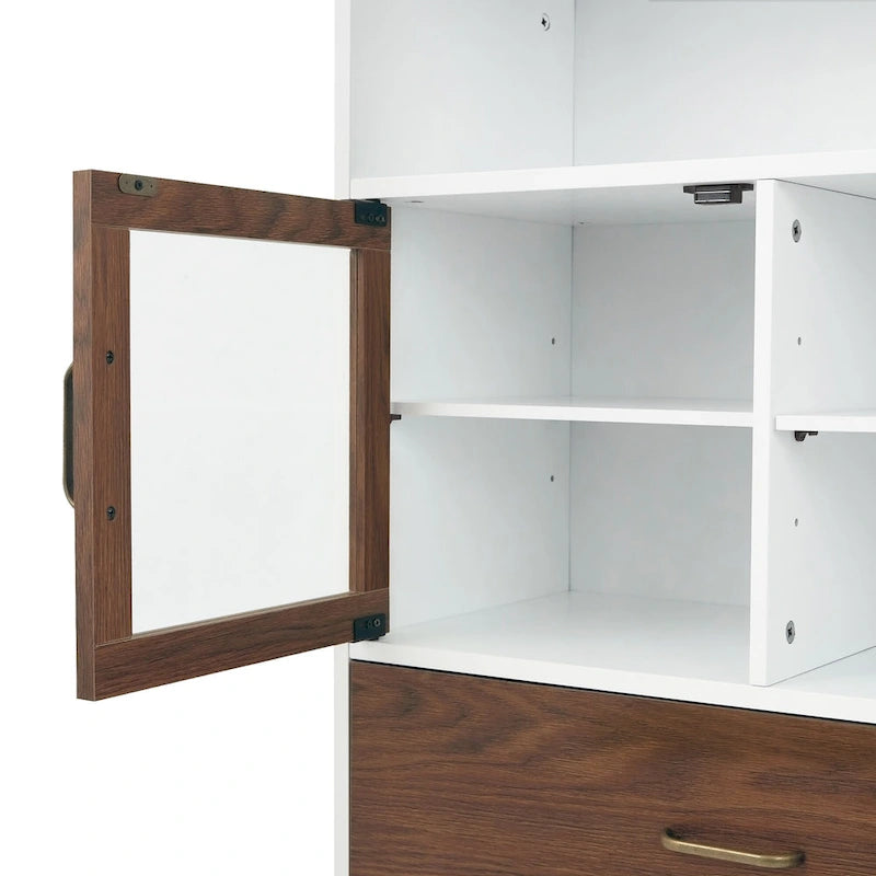 Modern Mid-Century Floor Storage Cabinet with Glass Door, White Walnut Brown