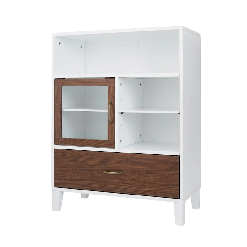 Modern Mid-Century Floor Storage Cabinet with Glass Door, White Walnut Brown