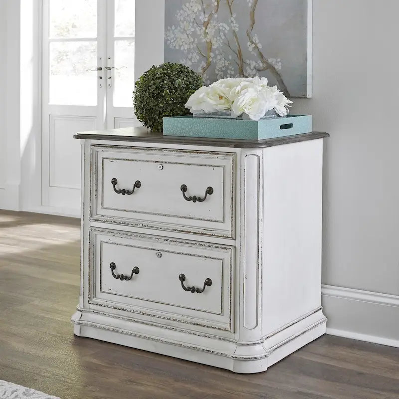 Antique White Two-Drawer Lateral File Cabinet with Weathered Bark Top