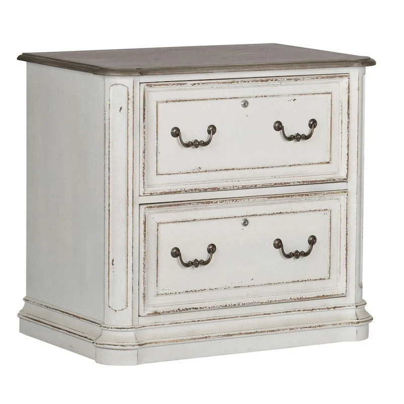 Antique White Two-Drawer Lateral File Cabinet with Weathered Bark Top