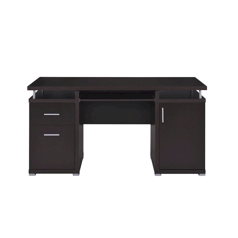 Contemporary Cappuccino Brown Computer Desk with Drawers Cabinet Keyboard Tray