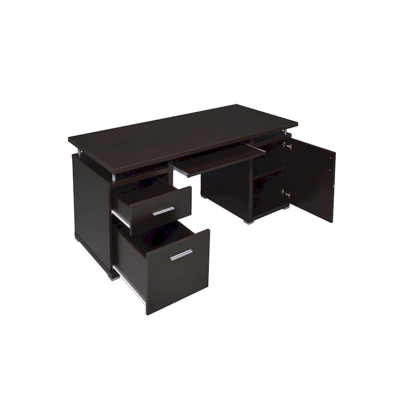Contemporary Cappuccino Brown Computer Desk with Drawers Cabinet Keyboard Tray