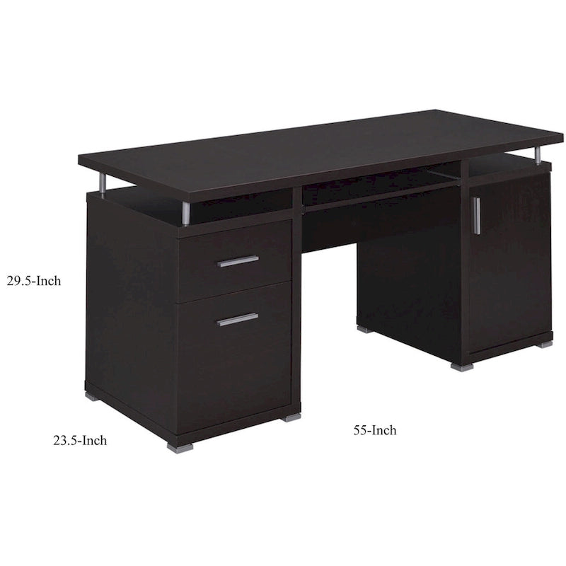 Contemporary Cappuccino Brown Computer Desk with Drawers Cabinet Keyboard Tray