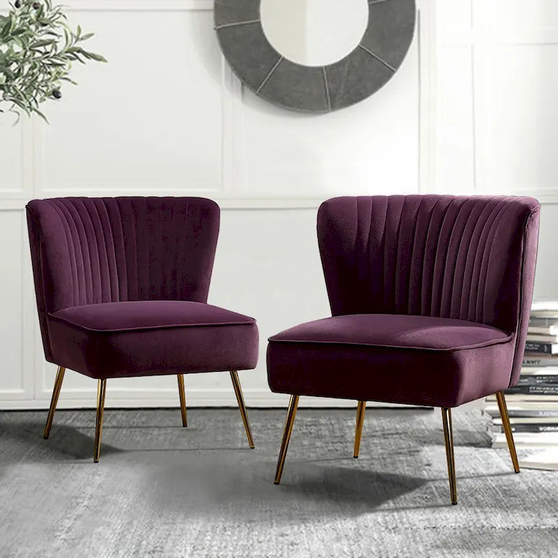 Teal Velvet Armless Accent Chair with Channel Tufted Back and Gold Metal Legs