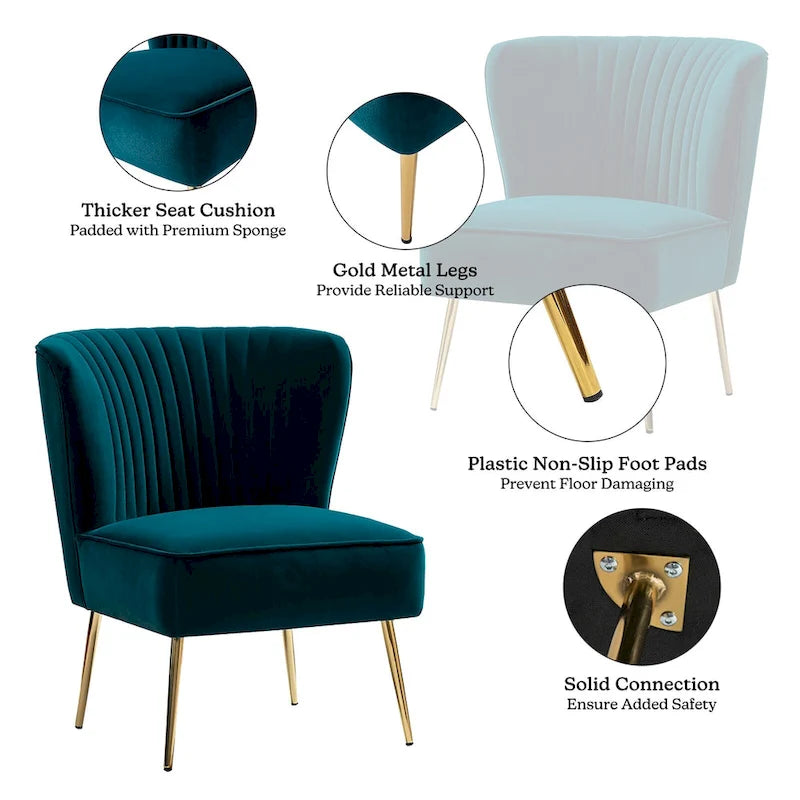 Teal Velvet Armless Accent Chair with Channel Tufted Back and Gold Metal Legs