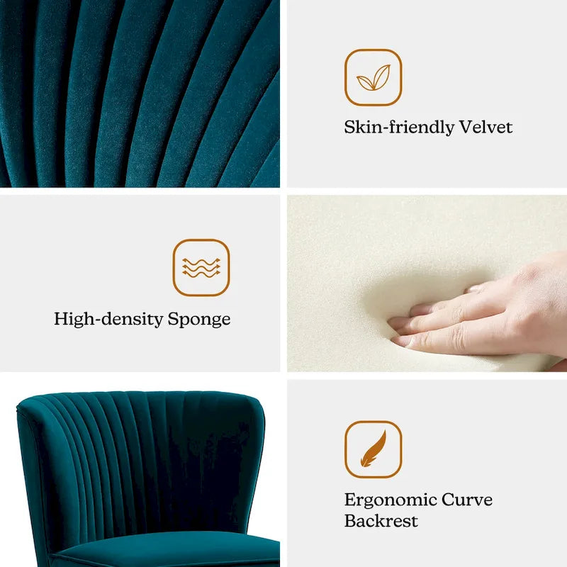 Teal Velvet Armless Accent Chair with Channel Tufted Back and Gold Metal Legs