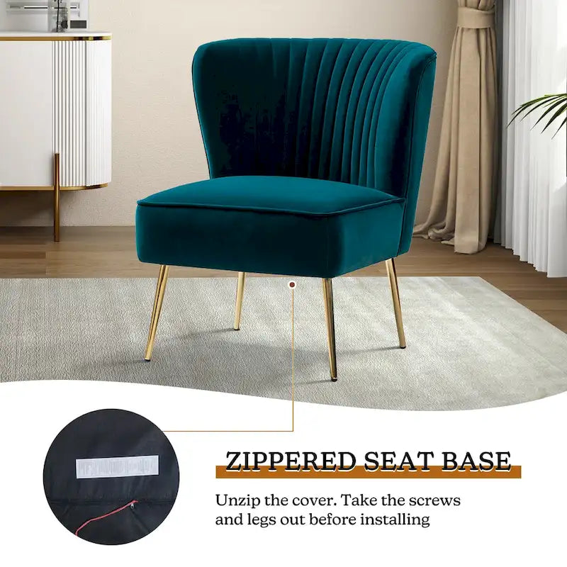 Teal Velvet Armless Accent Chair with Channel Tufted Back and Gold Metal Legs