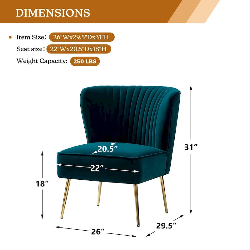 Teal Velvet Armless Accent Chair with Channel Tufted Back and Gold Metal Legs