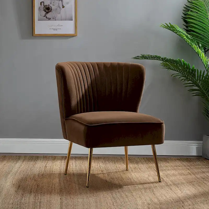 Teal Velvet Armless Accent Chair with Channel Tufted Back and Gold Metal Legs